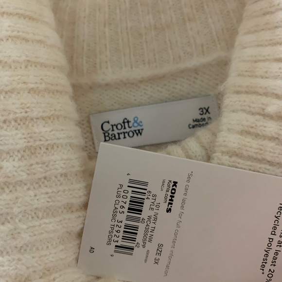 Croft & Barrow Cream and Tan Cowl Turtleneck Sweater - Picture 2 of 2